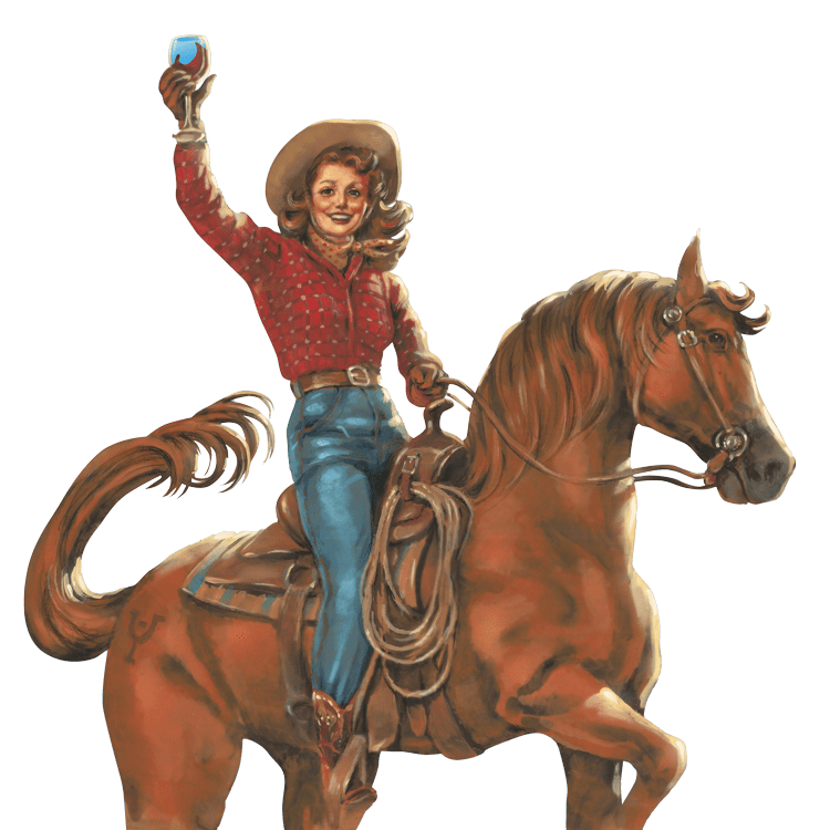 cartoon woman on horse with wine