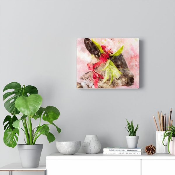 Goat with pink ribbon and flowers canvas art