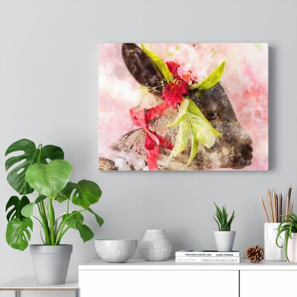 Goat with pink ribbon and flowers canvas art