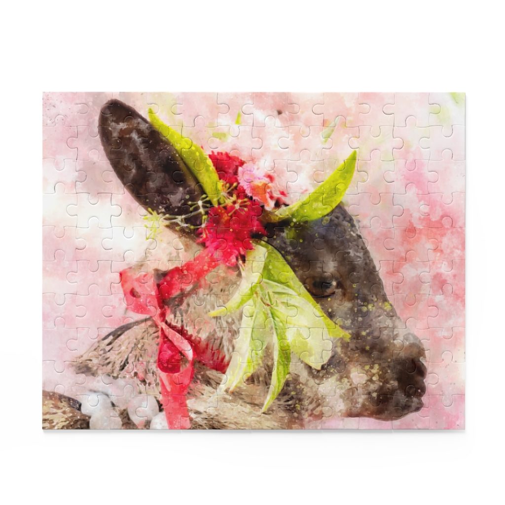 Goat with pink ribbon and flowers Puzzle